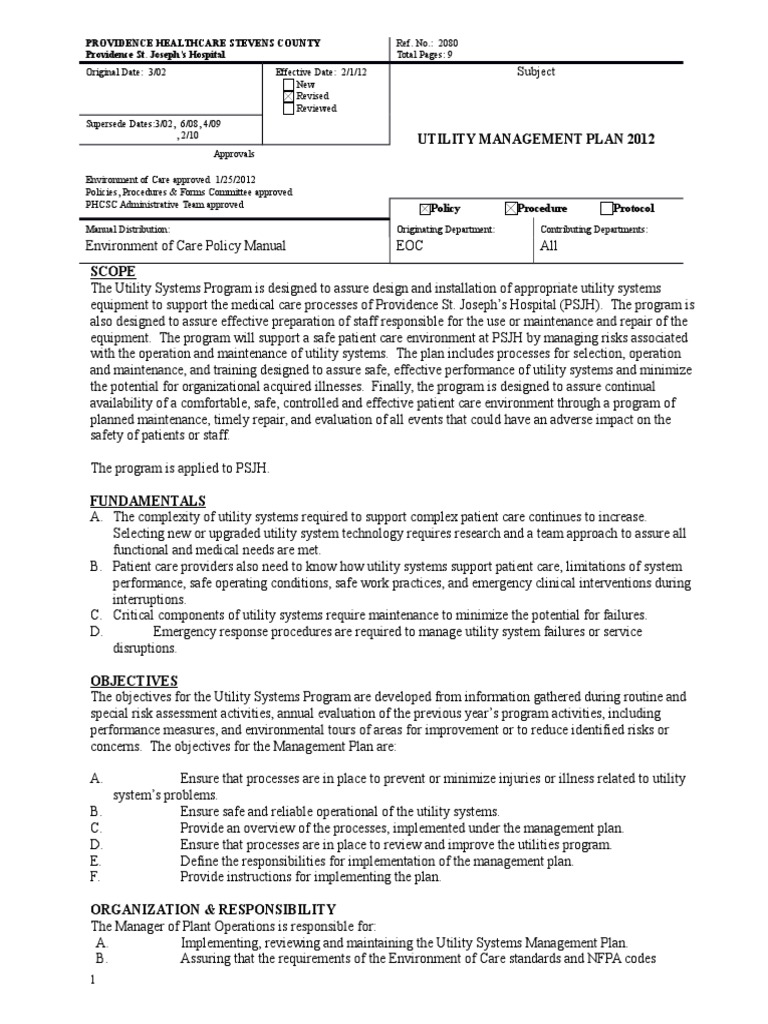 EOC Plan, Utility Management Plan Chewelah 2012Final Patient Safety