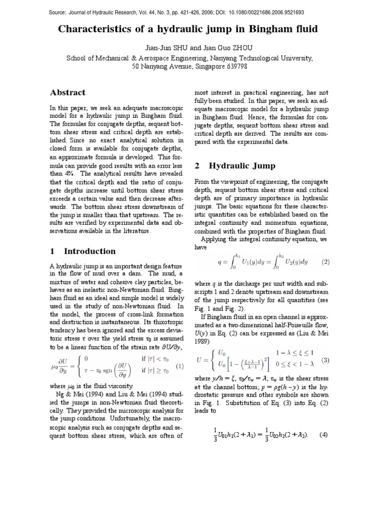 Characteristics of A Hydraulic Jump in Bingham Fluid PDF Fluid Mechanics Viscosity