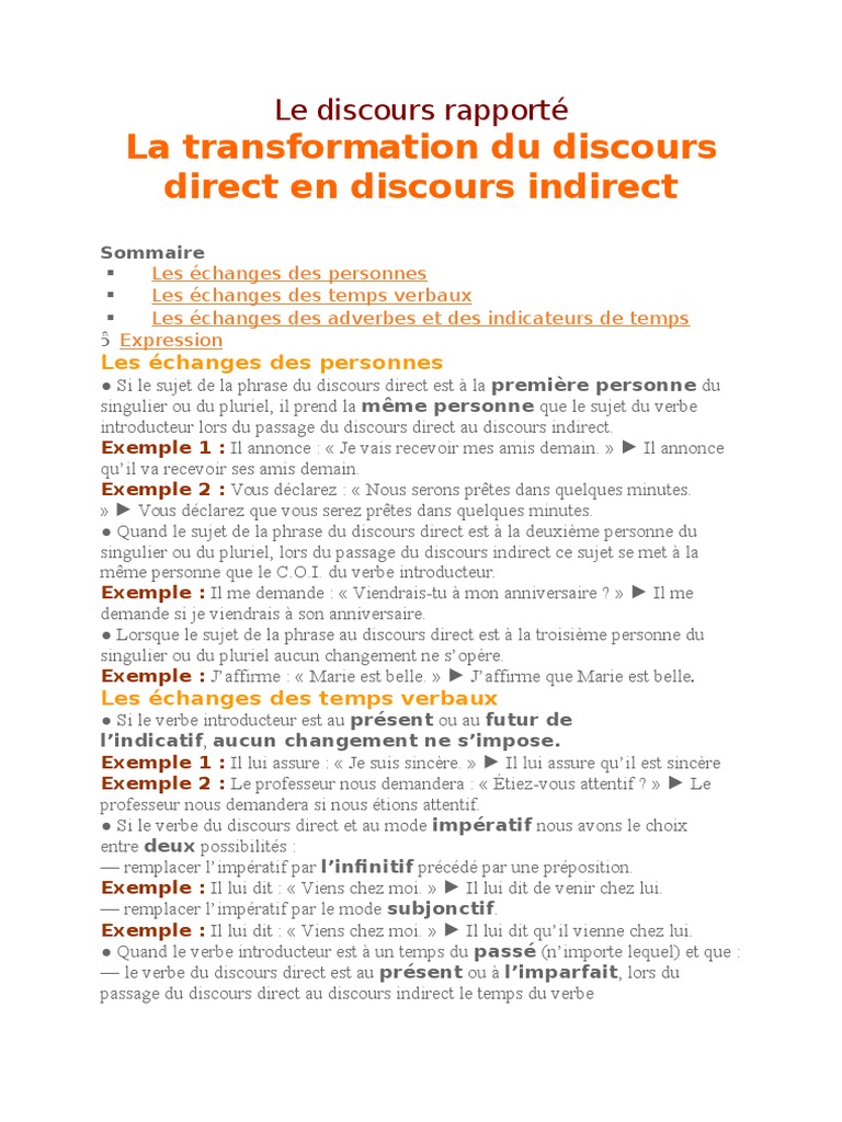 Le Discours Rapporté  Nombre grammatical  Verbe