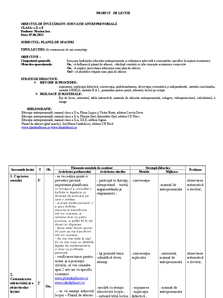 57218529 2 Proiect Lectie Planul De Afaceri Scribd