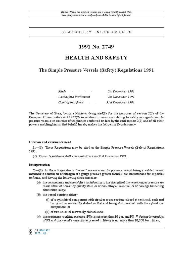1991 No. 2749 Health and Safety The Simple Pressure Vessels (Safety