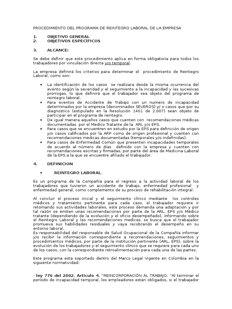 Procedimiento de Reintegro Laboral | PDF | Seguridad y salud ...