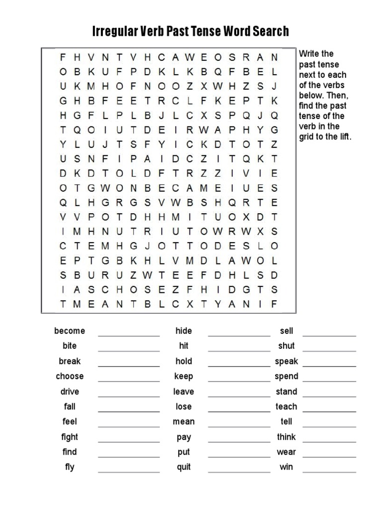 Irregular Verbs Past Tense Word Search