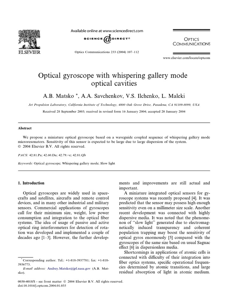 Optical Gyroscope With Whispering Gallery Mode Optical Cavities | PDF ...