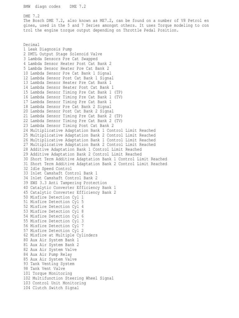 BMW DME 7.2 Fault Codes Overview | PDF | Throttle | Fuel Injection
