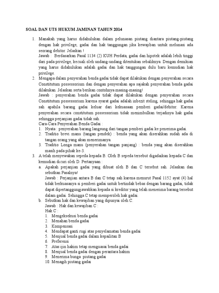 Kumpulan Soal Dan Jawaban Uts Hukum Jaminan