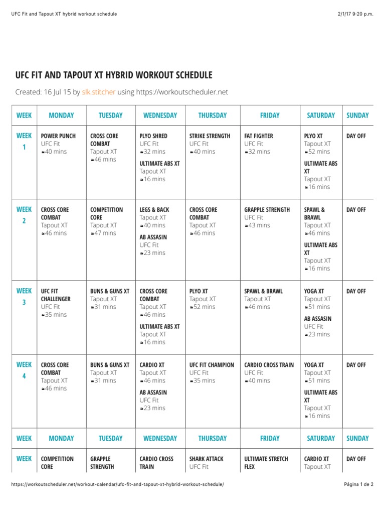 5 Day Tapout workout calendar pdf for Gym
