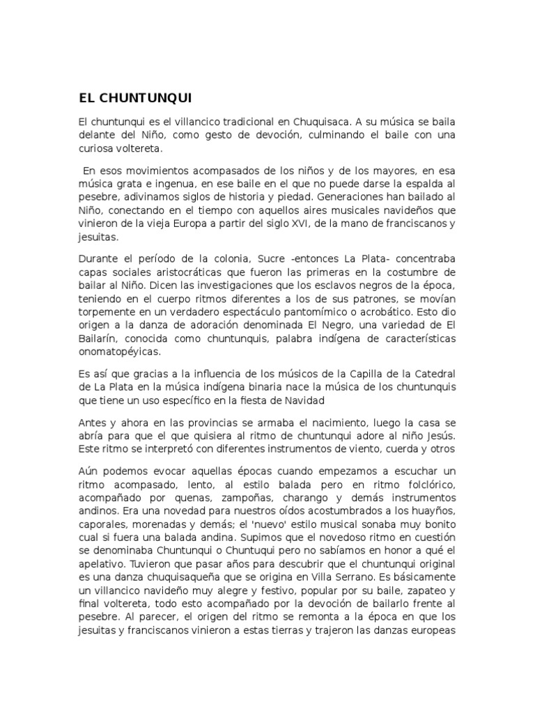 Historia Del Chuntunqui Bolivia CPM PDF Ritmo Bailes