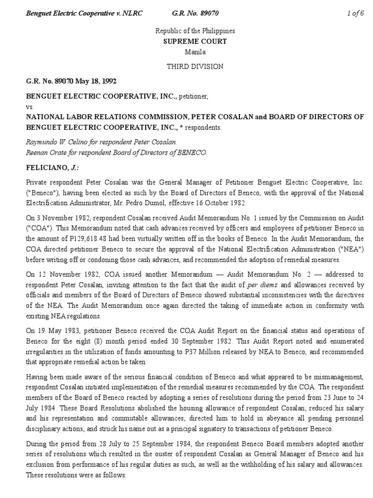 045-Benguet Electric Cooperative, Inc. vs. NLRC 209 Scra 55 (1992 ...