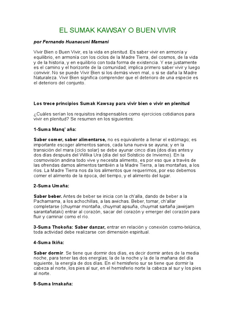 El Sumak Kawsay o Buen Vivir PDF Naturaleza