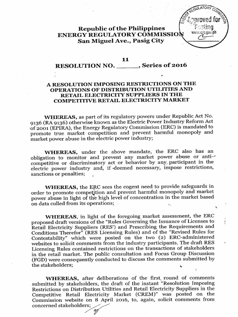 ERC Resolution No11 Seriesof2016 | PDF | Electric Power Industry ...