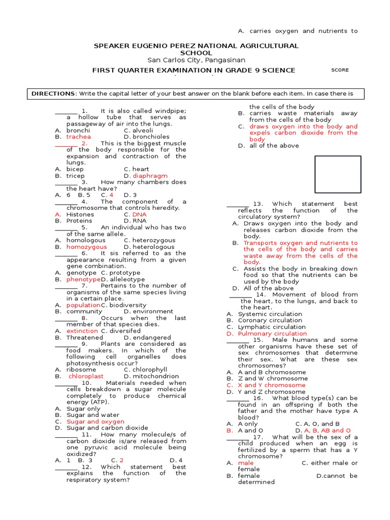 Grade 9 Science Quarter 1 Exam Guide | PDF | Circulatory System | Blood