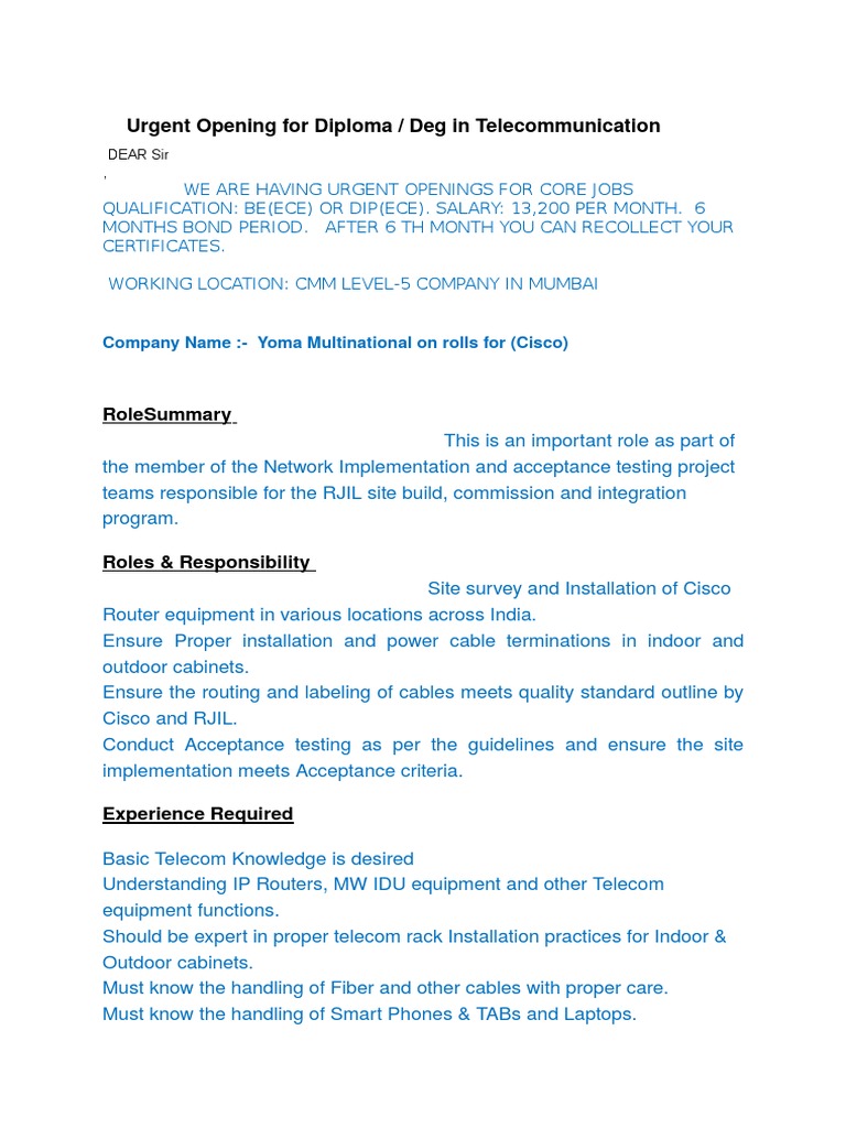 Urgent Telecom Jobs in Mumbai | PDF | Computers