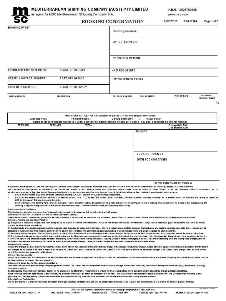 Booking Confirmation PDF Common Carrier Bill Of Lading