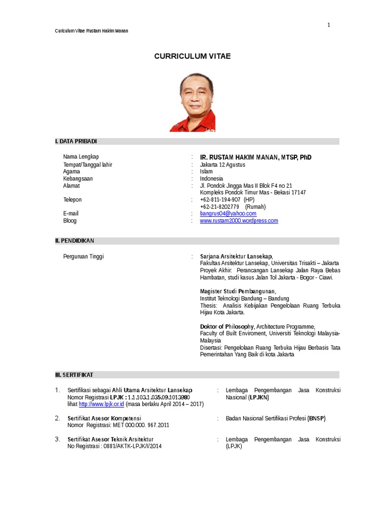 CV Rustam Hakim Manan: Arsitektur Lansekap | PDF | Karier ...