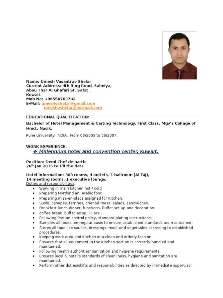 Umesh Resume Demi Chef De Partie Pdf Chef Hotel