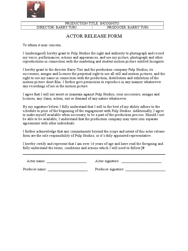 Actor Release Form PDF