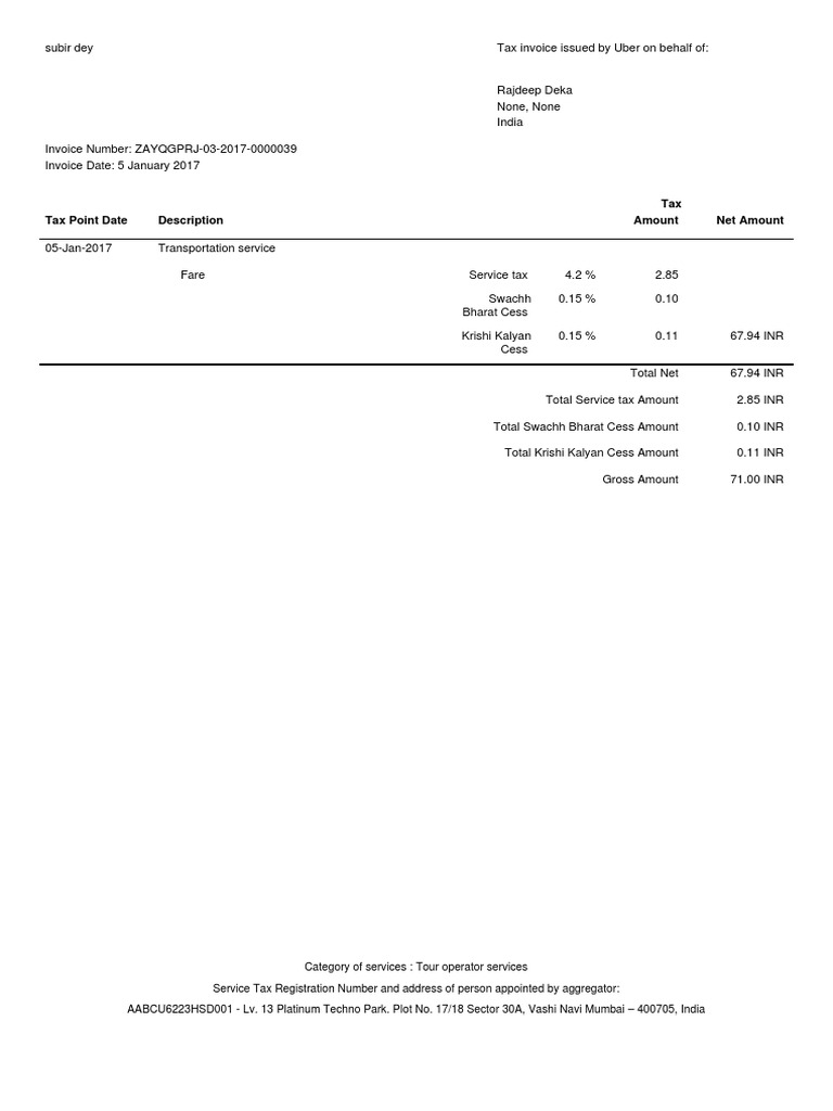 Uber Tax Invoice for Transportation Service | PDF
