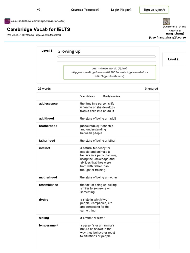 Level 1 Cambridge Vocab For IELTS, English, Ielts Memrise PDF