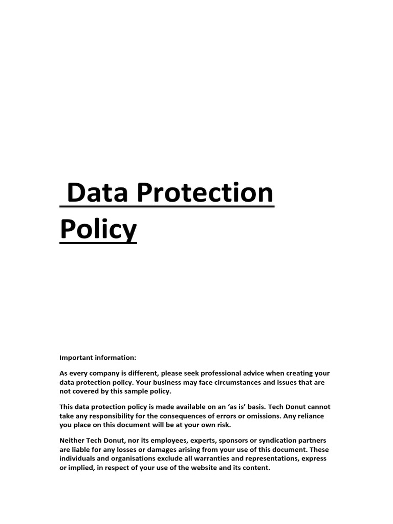 Sample Data Protection Policy Template Pdf Information Privacy Personally Identifiable Information