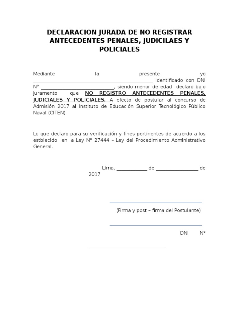 Declaracion Jurada de No Registrar Antecedentes Penales | PDF ...
