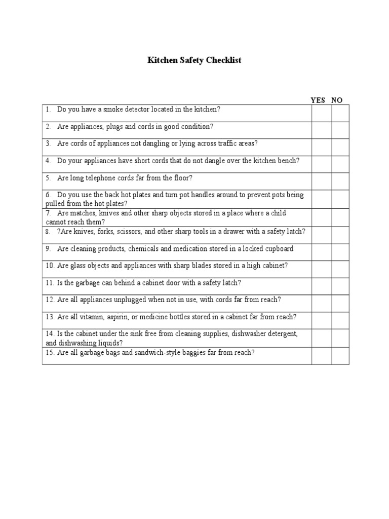 Kitchen Safety Checklist Yes No PDF Kitchen