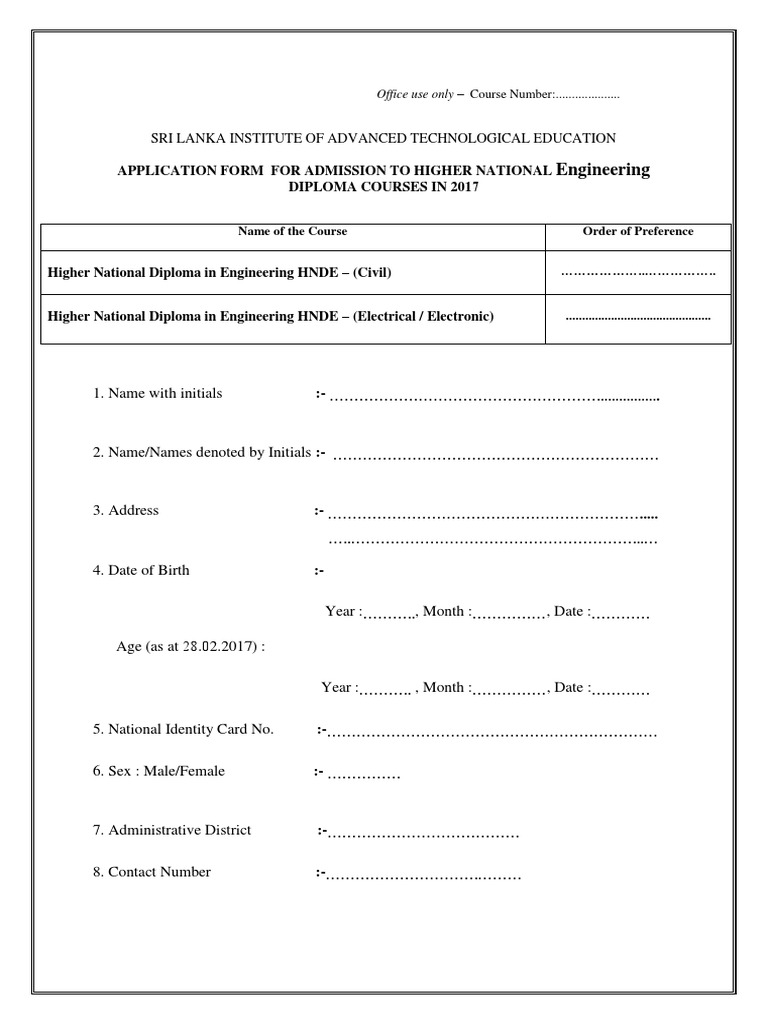 Application Form For Admission To Higher National Diploma Courses in