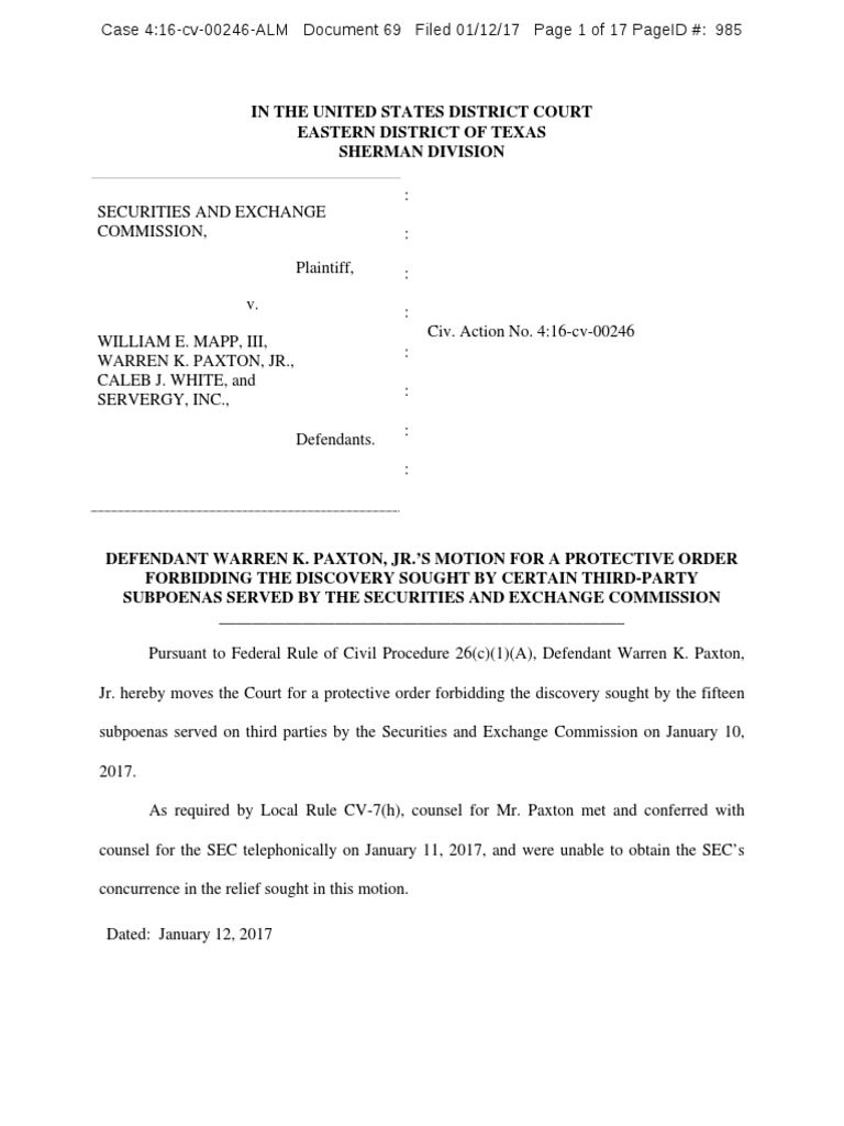 Motion for Protective Order Forbidding Discovery of Third Party