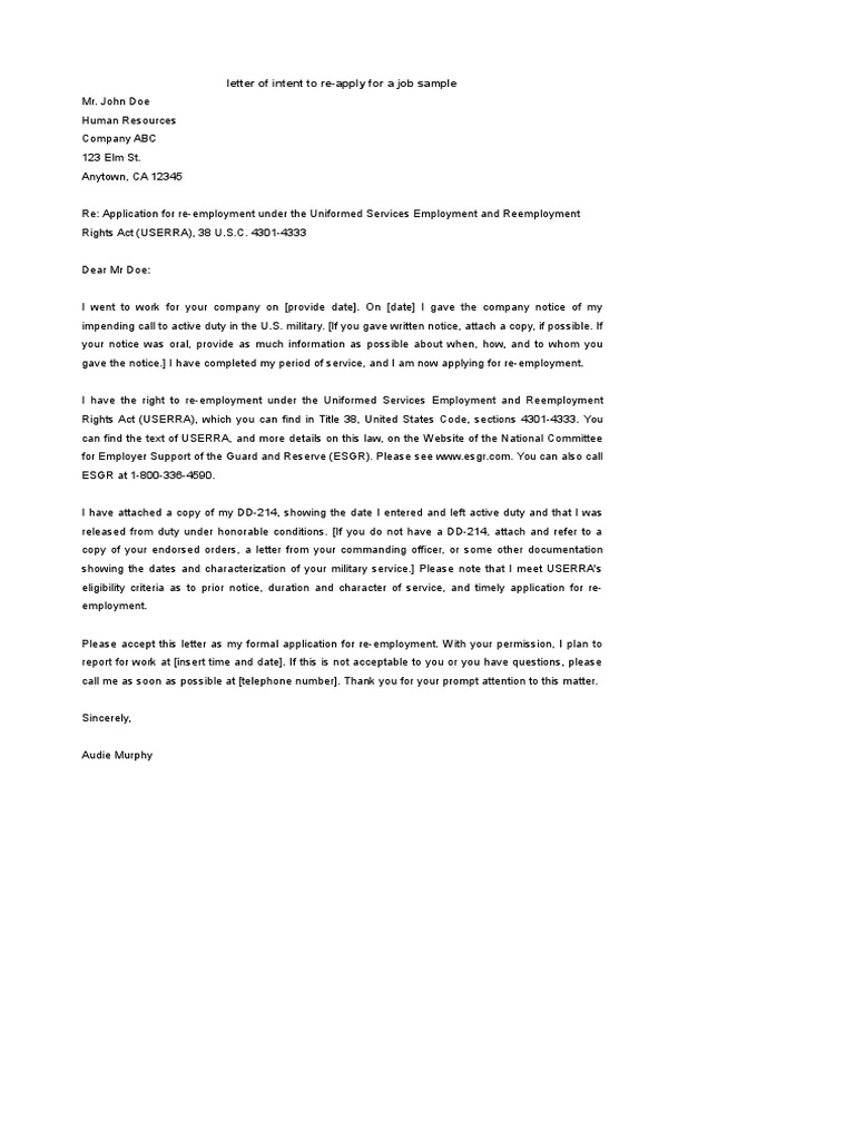 Letter Of Intent To Re Apply For A Job Sample Pdf