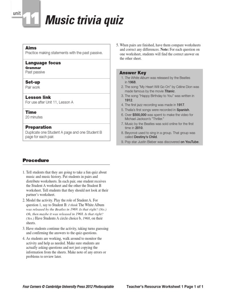 Four Corners Level3 Unit11 Music Trivia Quiz Teachers Resource ...