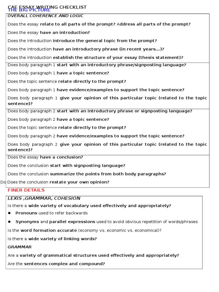 cae essay checklist