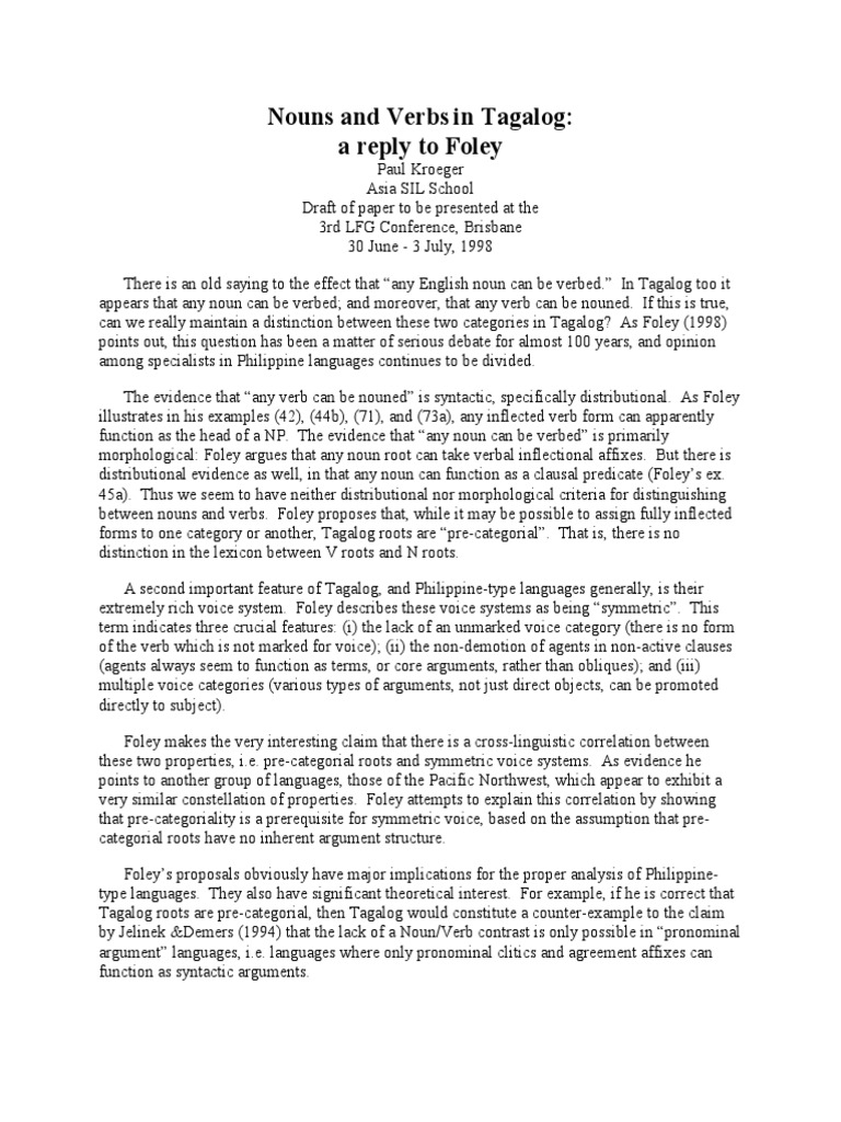 Tagalog Nouns and Verbs: A Linguistic Analysis | PDF | Morphology ...