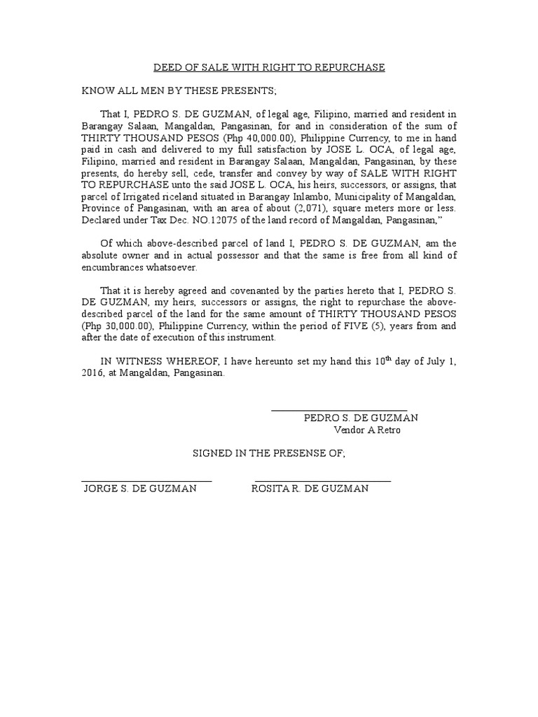 Deed of Sale with Right to Repurchase | PDF | Economy Of Asia | Currency
