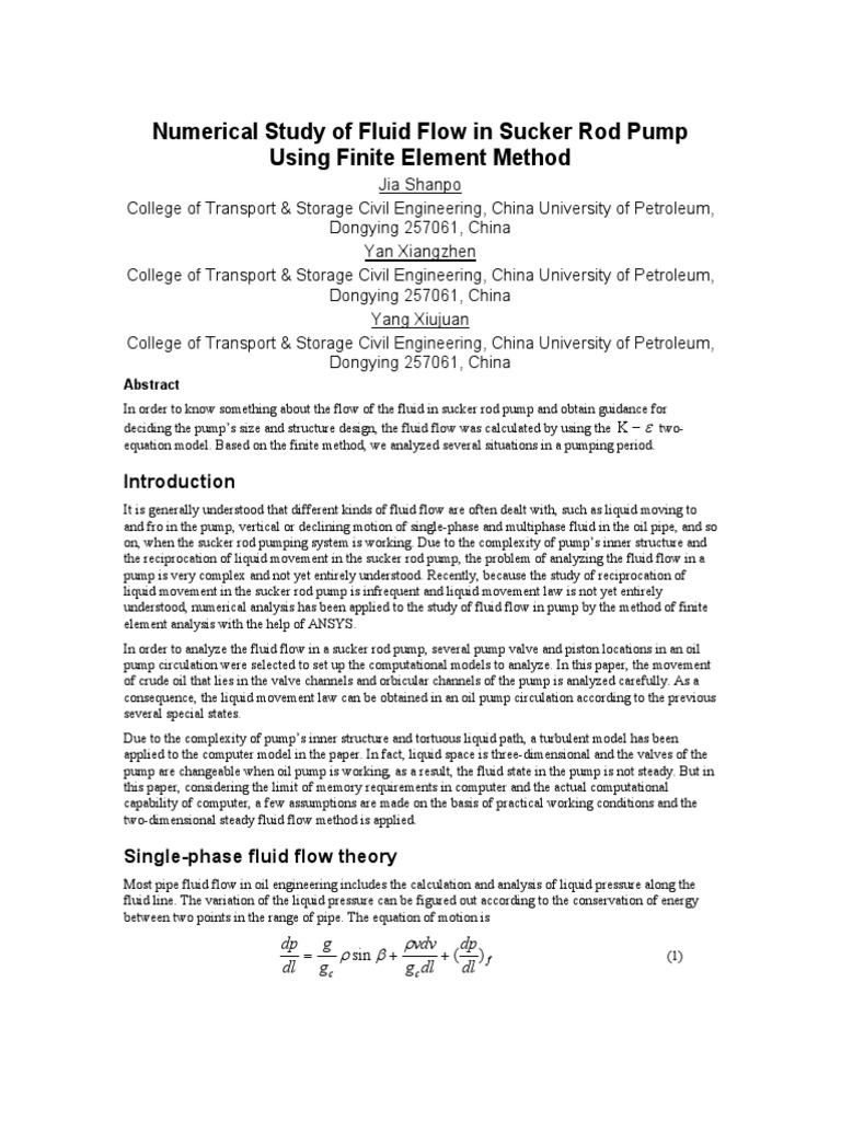 Numerical Study of Fluid Flow in Sucker Rod Pump Using Finite Element ...