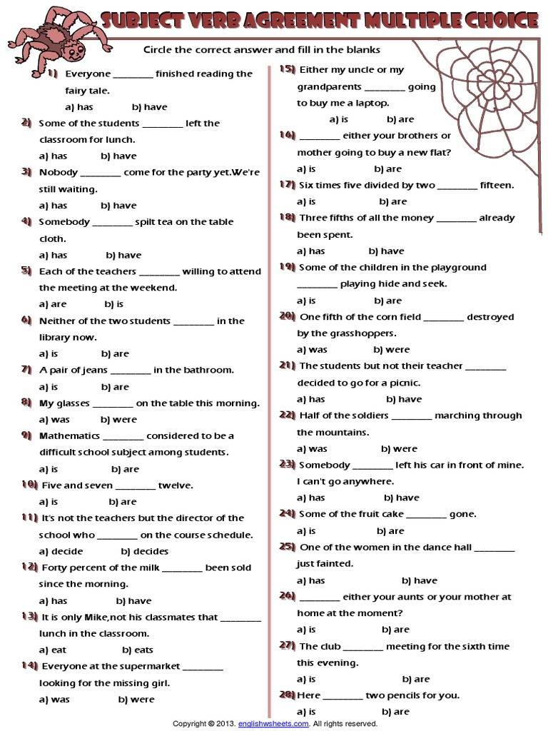 Subject Verb Agreement Worksheets For Grade 5 With Answers Pdf