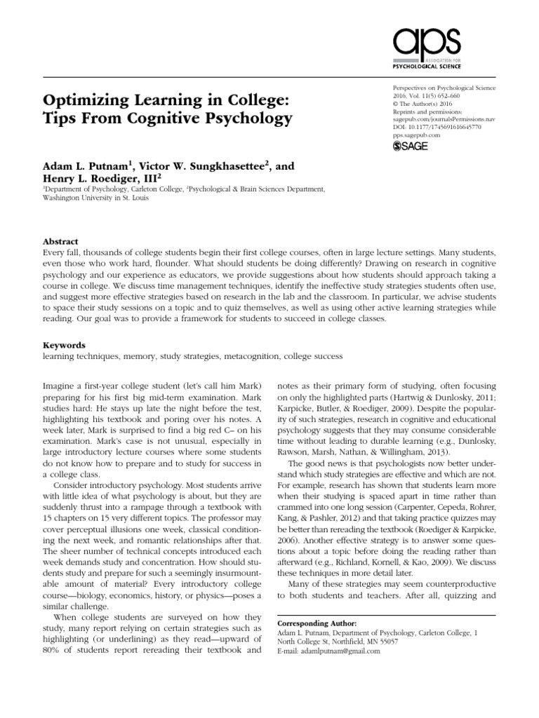 Optimizing Learning in College - Tips From Cognitive Psychology | PDF ...