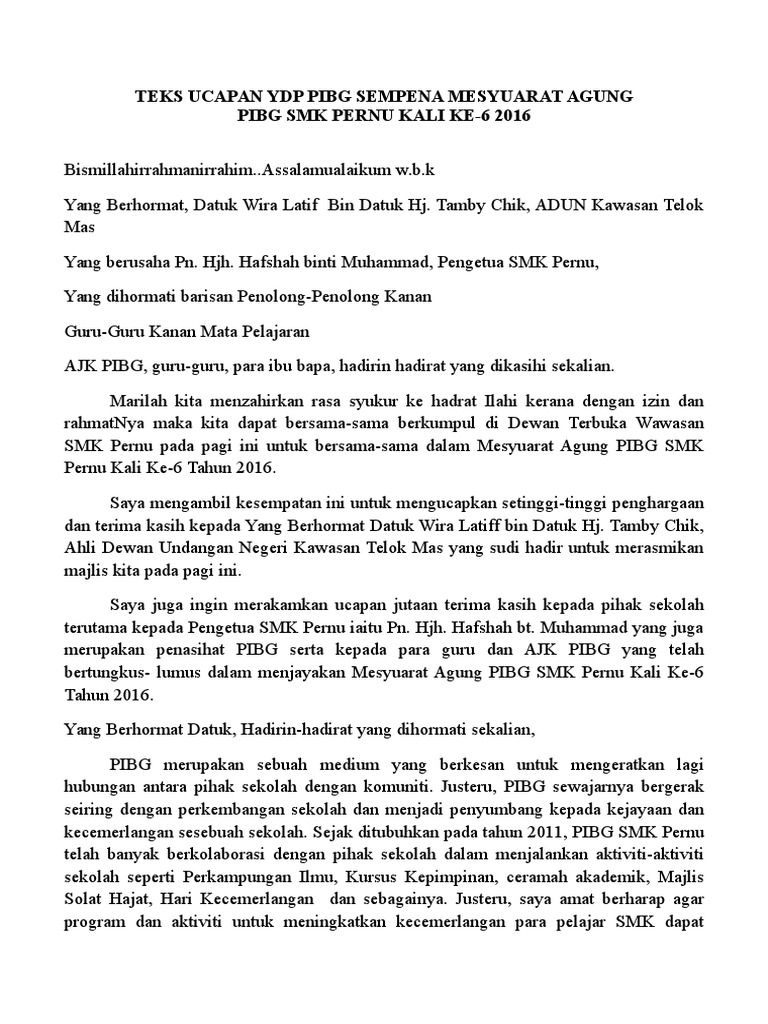 Teks Ucapan Ydp Pibg Sempena Mesyuarat Agung Pibg Smk Pernu Kali Ke Pdf