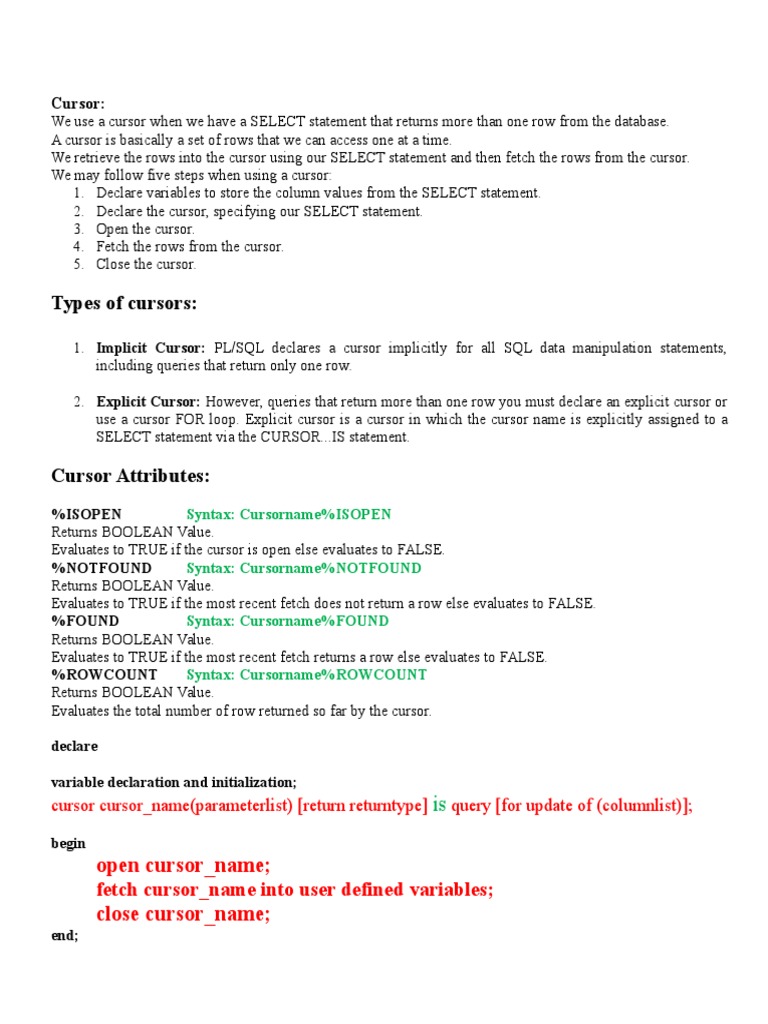 Types of Cursors:: Open Cursor - Name Close Cursor - Name | PDF ...