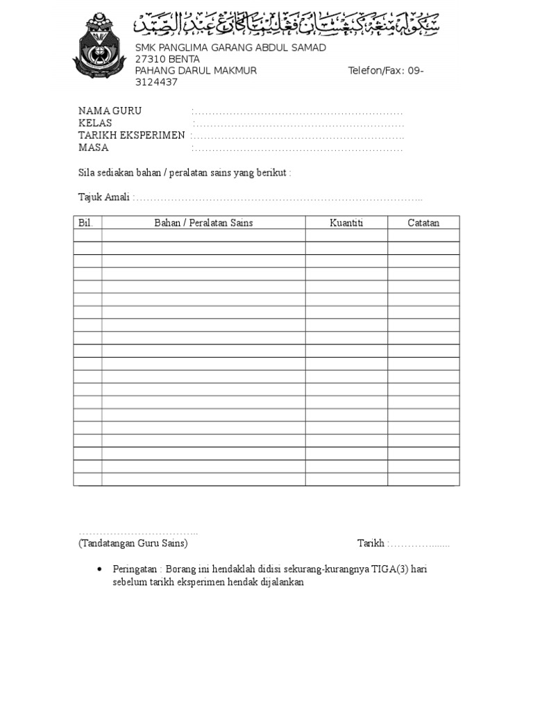 Borang Pesanan Bahan Dan Peralatan Sains