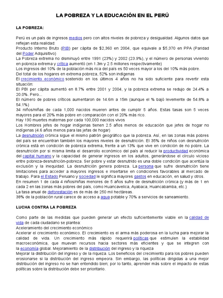 La Pobreza y La Educación en El Perú | PDF | Pobreza | Pobreza e indigencia