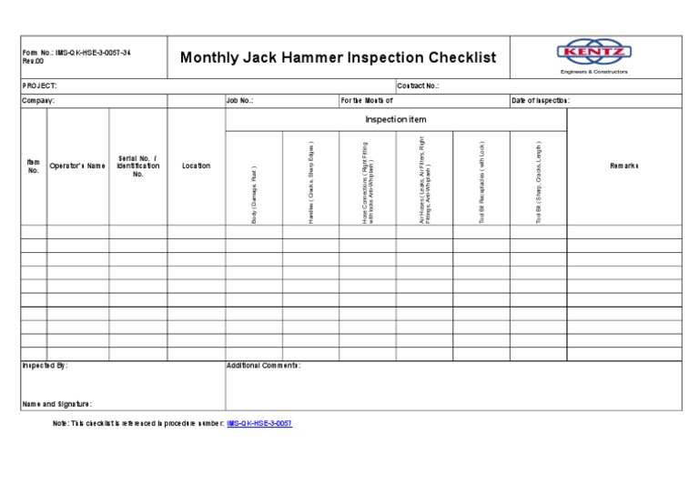 Monthly Jack Hammer Inspection Checklist | PDF