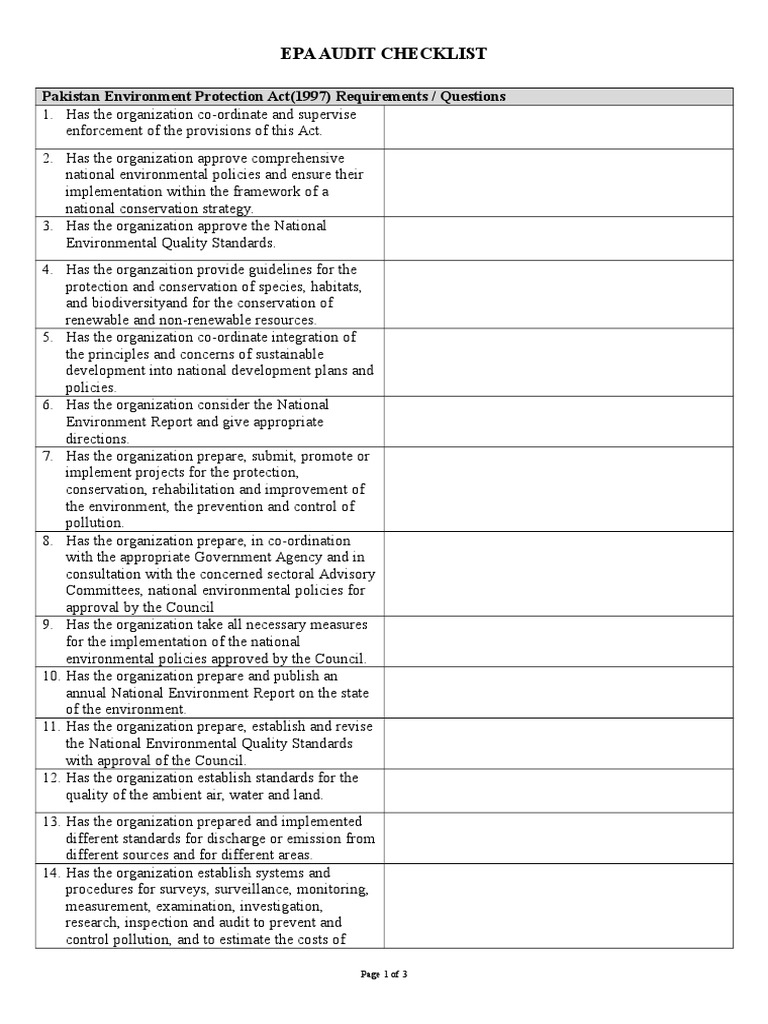 EPA Audit Checklist United States Environmental Protection Agency