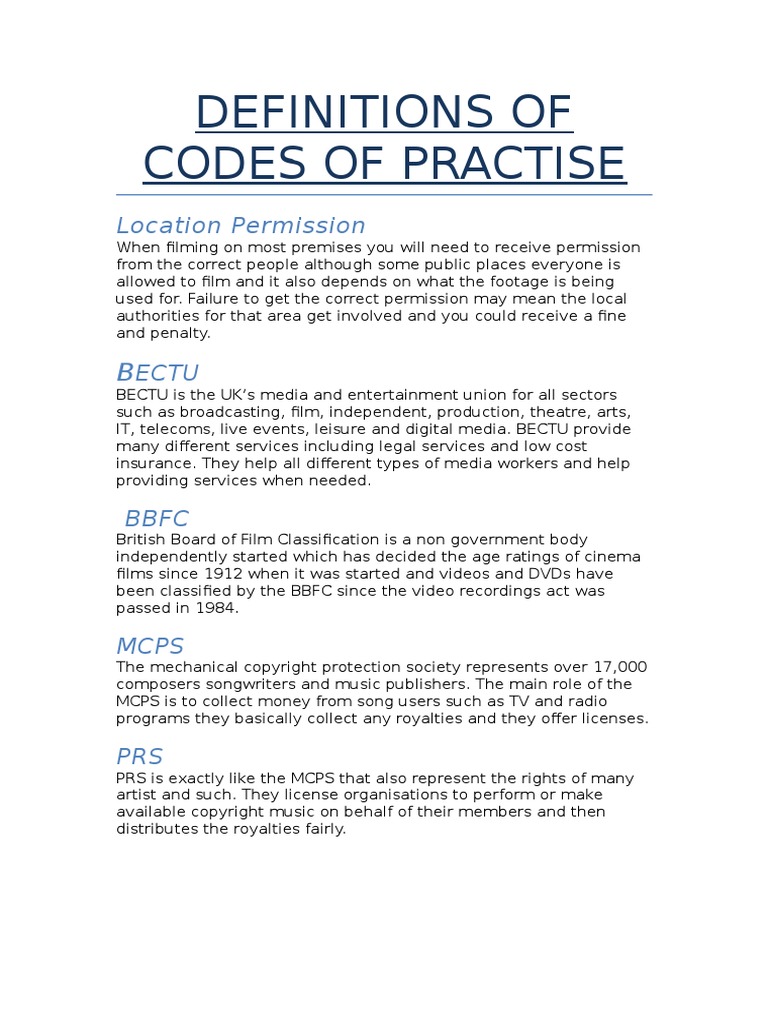 Definitions of Codes of Practise | PDF