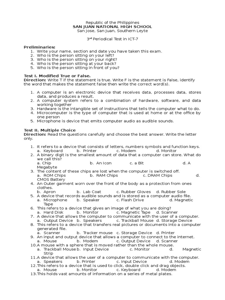 Ict-7 Periodical Exam | PDF | Computer Data Storage | Input/Output