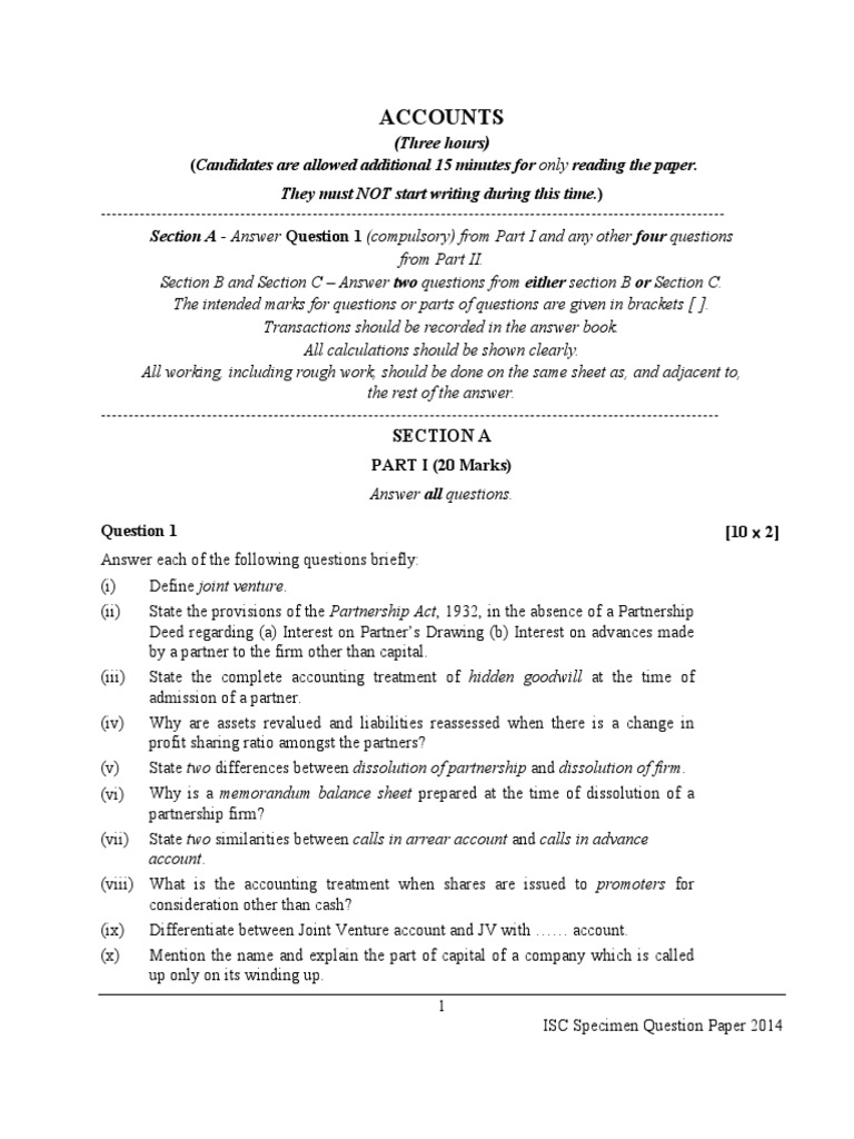 ISC 2014 Accounts Specimen Paper | PDF | Balance Sheet | Equity (Finance)