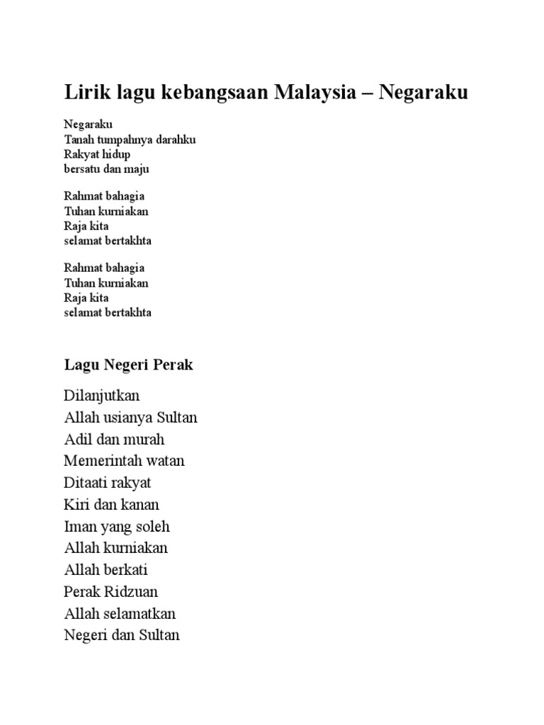 Lirik Lagu Kebangsaan Malaysia