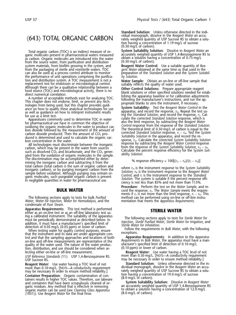 TOC Testing Method per USP 37 | PDF | Total Organic Carbon | Physical ...