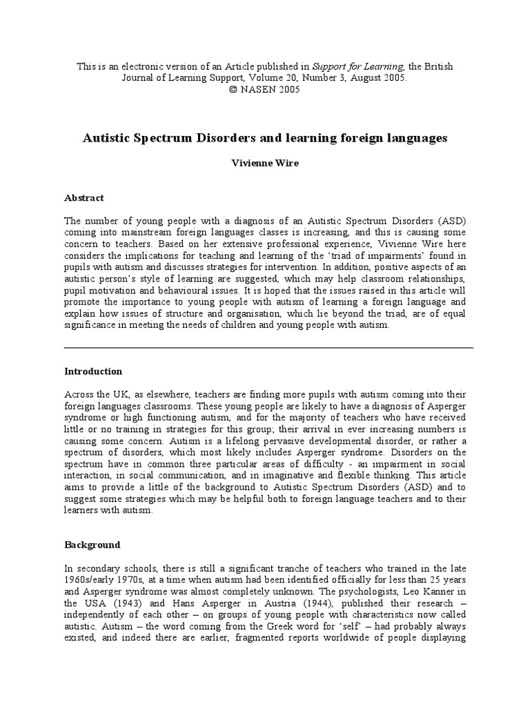 Autistic Spectrum Disorders and Learning Foreign Languages Vivienne