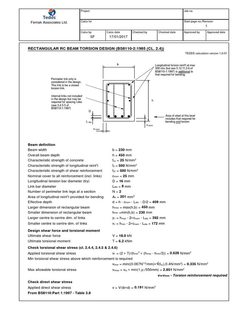 RC Beam Torsion Design per BS8110 | PDF | Bending | Beam (Structure)