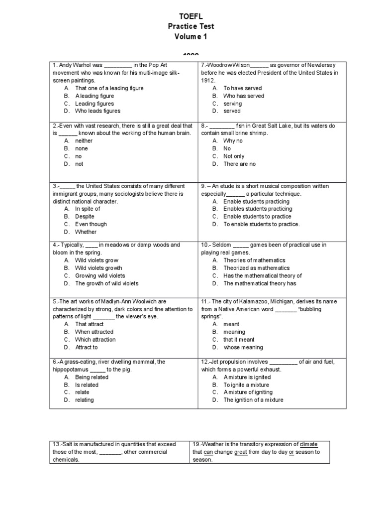 Toefl practice test 1999 verb adjective